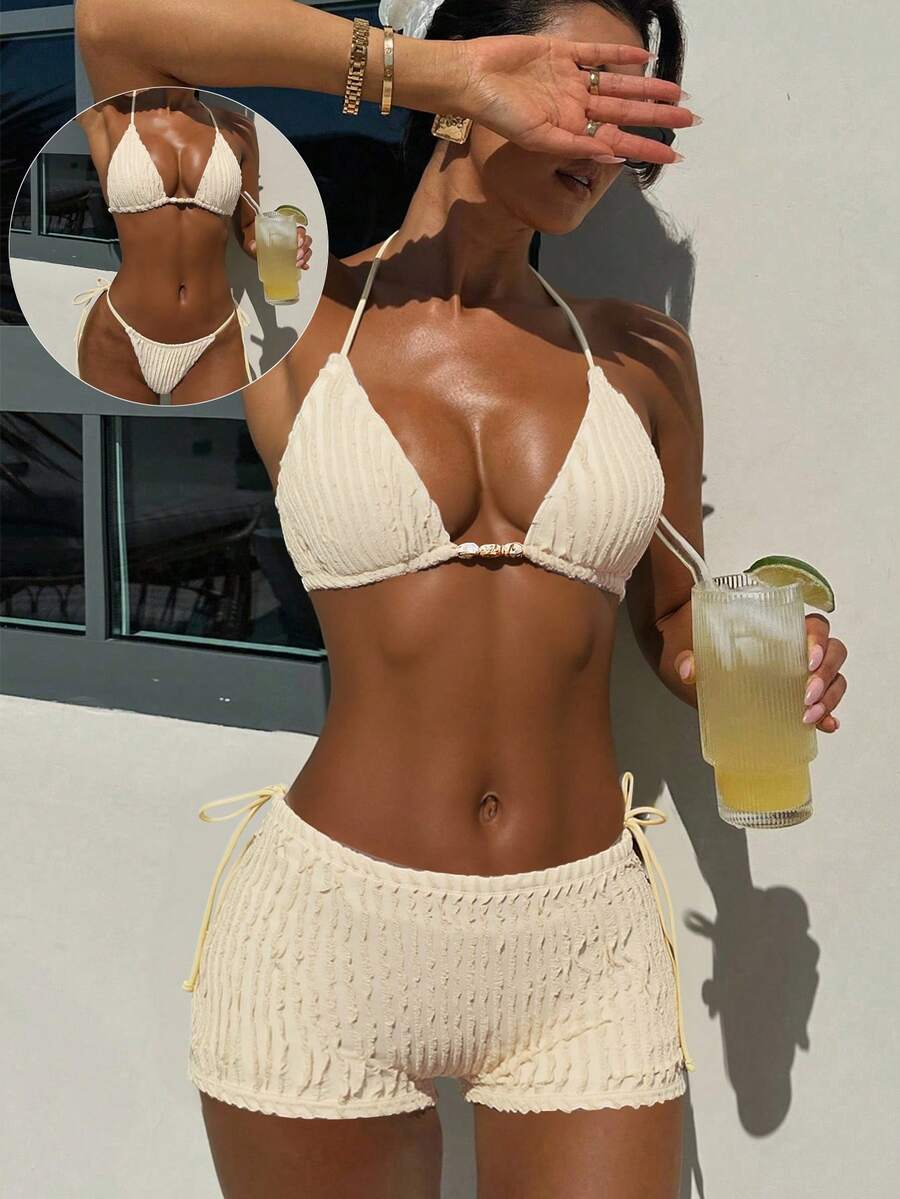 Bonvoyette Bộ bikini 3 món dành cho nữ, chất liệu vải trơn, có họa tiết, kiểu buộc dây cổ. - Màu be - Xem 1