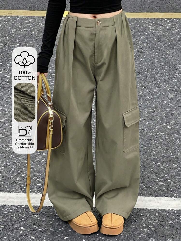 Women's Loose Pleated Solid Color Cargo Pants, Casual Street Style, Autumn/Winter Y2k