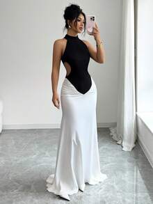 SHEIN Elenzya New Spring/Summer Black & White Color Block Design, Sexy High Slit Cold Shoulder Ruched Fitted Maxi Dress, Elegant For Party, Formal Event, Wedding, Halloween, Christmas, Holiday Vacation