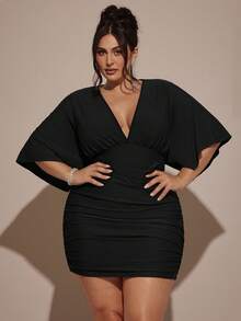 SHEIN BAE Plus Size Women V-Neck Mini Green Christmas Dress - Black - View 4