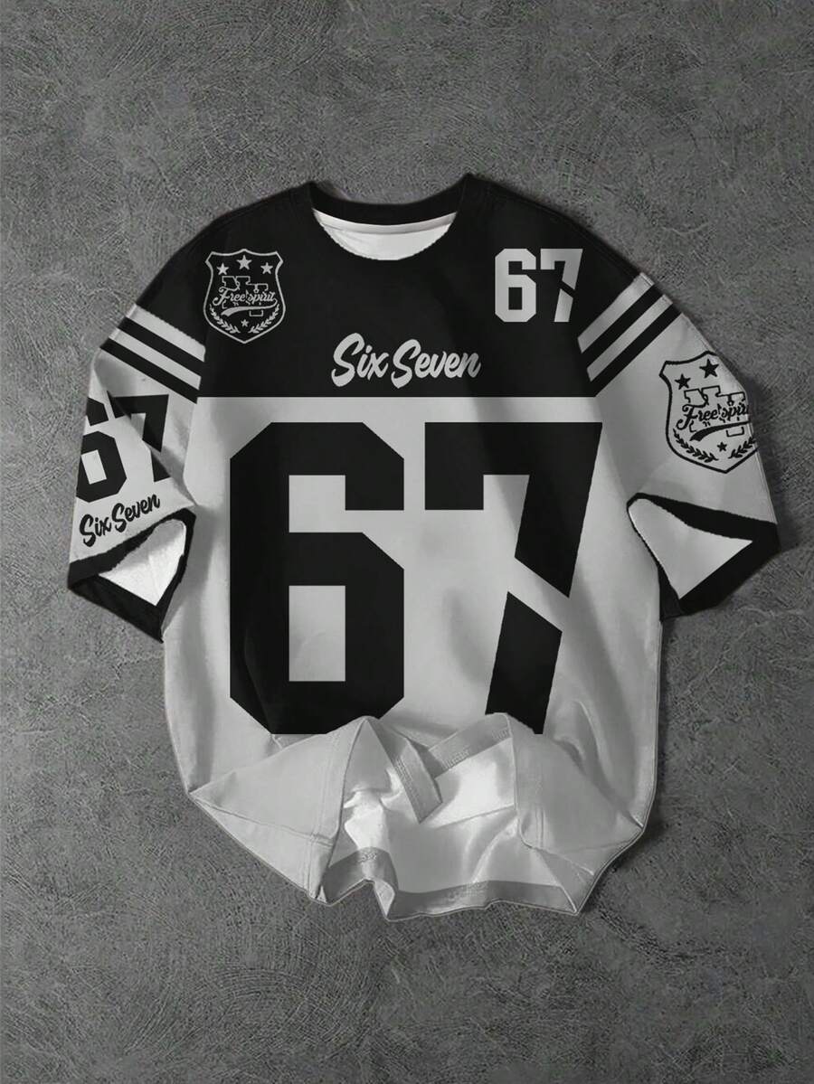 SHEIN Tween Boy Casual Minimalist Short Sleeve Crew Neck T-Shirt, Suitable For Spring & Summer, Classic Cool Slang #67, Classic Cool Sports Element Graphic Print, Six, Seven - Multicolor - View 1