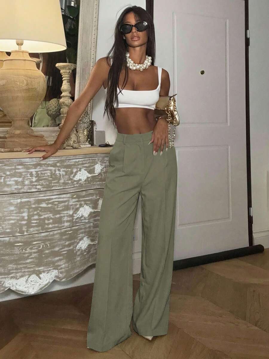 Ronhire Solid Color Elegant Modern Straight High-Waisted Suit Pants, Business Casual For Women, Valentine's Day & New Year - Mint Blue - View 1