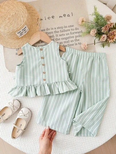 SHEIN LMoss Kids 2 st set med vävd randig rund halsringning och lösa vardagsbyxor för babyflicka