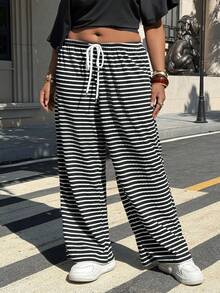 SHEIN EZwear Plus Size Women Drawstring Waist Wide Leg Loose Casual Striped Pants - Black and White - View 3