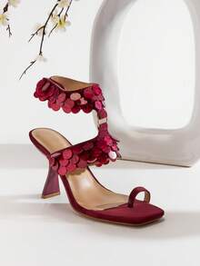 SHUZIA Sandalias de tacón de aguja con tira de tobillo y adornos de concha para mujer, de estilo minimalista - Burdeos - Ver 6