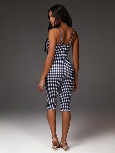 Athîral Women's Plaid Print Sleeveless Jumpsuit,Navy And White,Summer,Casual,Holiday,Vacation,Holiday,Fitted Design,Soft Knit,Spring Beach Valentine Outfits