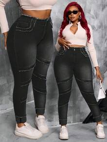 Slaydiva Plus Size Women Blue Denim High Waist Distressed Skinny Jeans - Black - View 1