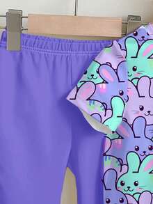 Cute Cartoon Colorful Rabbit Print, Easter, Young Girl Casual Cartoon Pattern Round Neck Short Sleeve Top And Flare Pants 2 Pieces Set, Suitable For Summer 5 6y Crop Top Purple Outfit Girl Trouser Party Outfit 8 Year Old Young Girls Purple Outfit Purple Sets For Girls Pants And Top - Multicolor - View 4