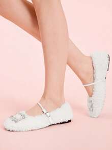 CUCCOO DOLLMOD 女士优雅水钻装饰泰迪绒可调节搭扣平底鞋，秋冬款 - 白色 - 查看 3