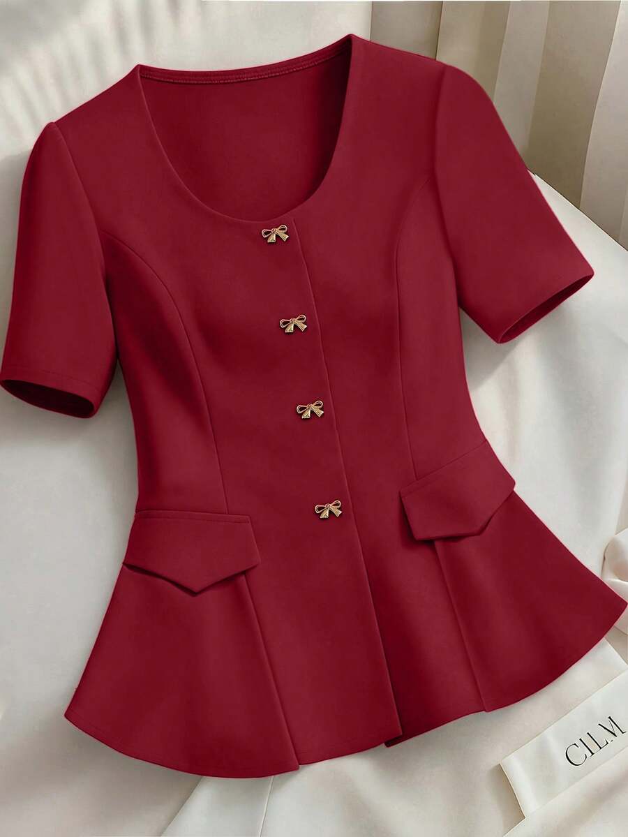 GlowEve CURVE Plus Size Elegant Commuter Solid Color Bow Decor Shirt - Burgundy - View 1