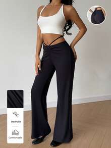 Flirla Women's Casual Drawstring Tie Flared Pants - Black - View 6