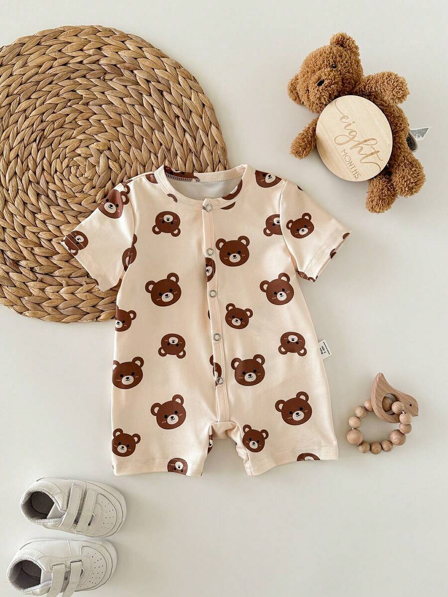Baby Boy Casual Cute Cartoon Pattern Knit Romper - Beige - View 1