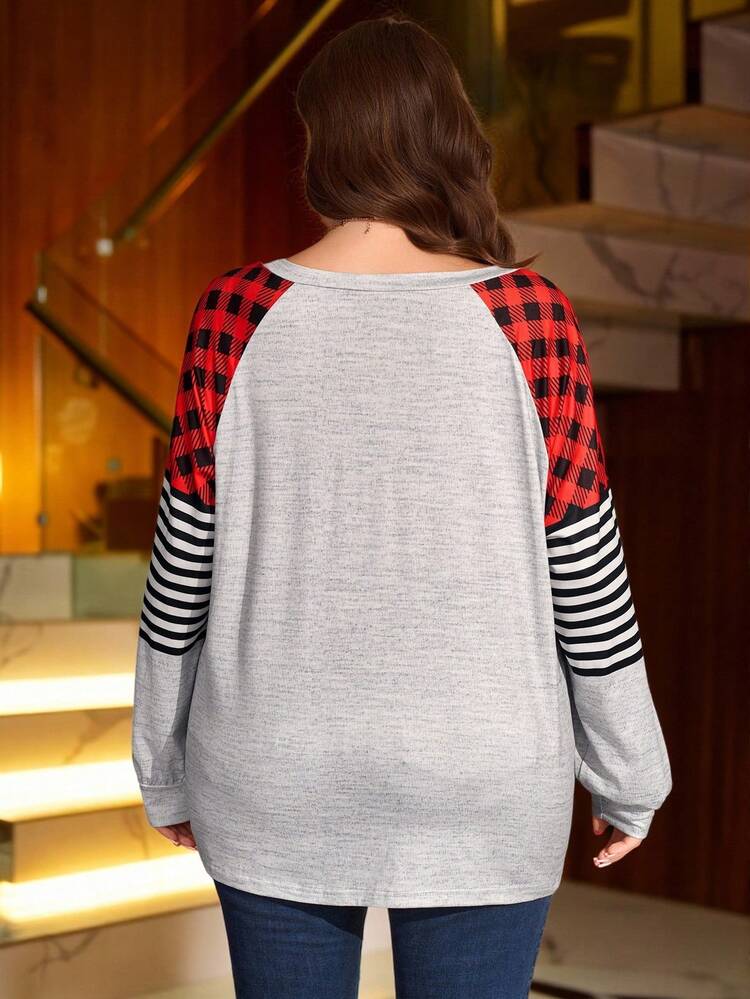 Plus Size Christmas Plaid Stripe Patchwork Christmas Tree Print T-Shirt Winter Cozy Fall And Winter New Year