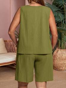 EMERY ROSE Bộ đồ 2 món cỡ lớn, màu trơn, tối giản: áo không tay và quần. - màu xanh lá - Xem 2