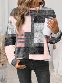SHEIN LUNE Casual Retro Elegant Commuting Versatile Warm Black Pink Gray Glitter Print Pattern, Comfortable Cozy Loose Fit Crew Neck Long Sleeve Sweatshirt For Women, Suitable For Autumn/Winter Carnival - Multicolor - View 4