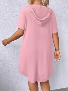 Calvaya Plus Size Casual Solid Color Hooded Short Sleeve Dress, Summer - Pink - View 2