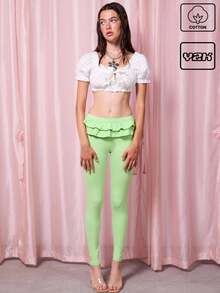 COUREZ Leggings con volantes en la cintura / Ropa de verano Y2K Atuendos para salir Ropa de calle Atuendos de verano para mujer Algodón lindo Vintage - Verde - Ver 1