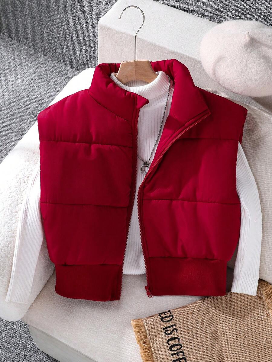 SHEIN Teen GirlCasual All-Match Versatile Sleeveless Short Padded Vest, Autumn/Winter - Burgundy - View 1
