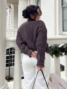 NegzBox Women's Solid Color Front Button Long Sleeve Casual Blouse,Knitted Sweater In Fall/Winter - Coffee Brown - View 2