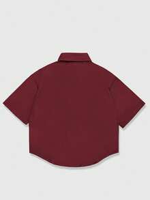 ROMWE MEN Goth Camisa casual de manga corta con estampado de letras y de una sola hilera de botones para hombre - Óxido marrón - Ver 2