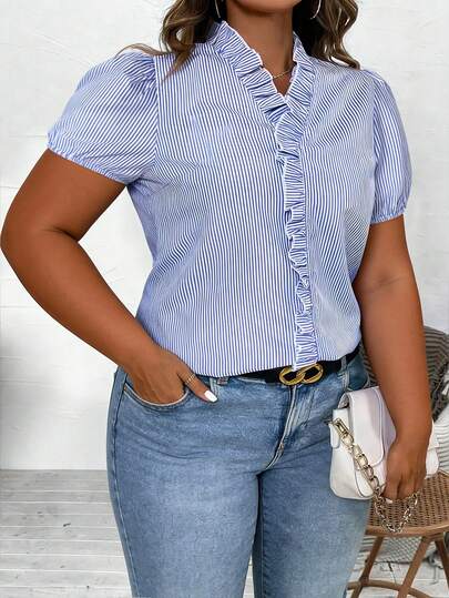 SHEIN Plus Size V-Neck Puff Sleeve Ruffle Trim Blue & White Striped Short Sleeve Blouse