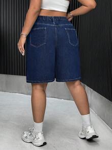SHEIN ICON Quần short denim dáng suông màu trơn, cỡ lớn, có túi. - Rửa tối - Xem 2