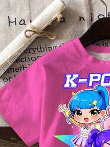 SHEIN 2件套少女休闲韩流女团字母星形印花圆领短袖T恤和短裤套装，适合节日、派对、日常穿着、演唱会等场合。 - 彩色 - 查看 5