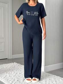 EURMUSE 100%Cotton Women's Printed Letter Ribbed Knit Short Sleeved&Long Pants Homewear Lounge Wear Set - Navy Blue - View 3