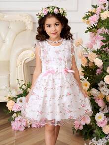 Polyester Sleeveless White Flared Hem Dress For Girls Cute Floral Embroidered Round Neck A Line Short Dress Ruffle Detail - White - View 6