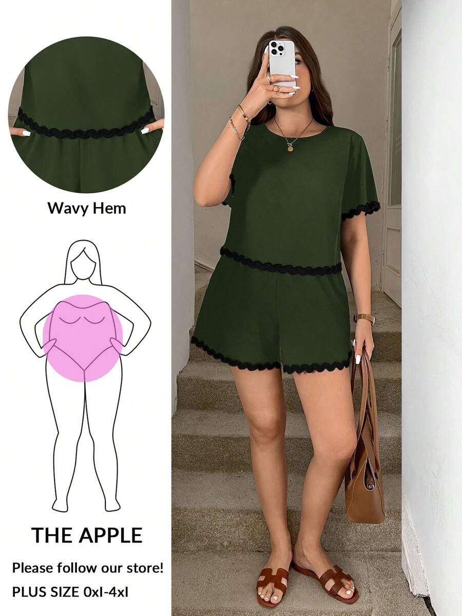 SHEIN LUNE 两件套加大码女式拼接波浪纹带返校套装,女式修身短袖假日套装,女式上衣和短裤,女式情人节套装,女式夏季套装,女式返校季秋季服装,女式商务休闲大码女装 - 軍綠色 - 查看 1