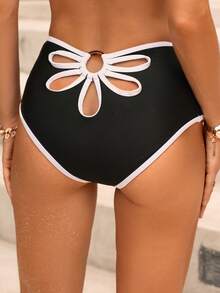 Swim Vcay Bottom de traje de baño sexy de talle alto para mujer, diseño de parches en blanco y negro con flores huecas, adecuado para la playa y vacaciones, primavera/verano - Blanco y Negro - Ver 2