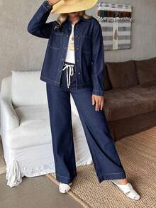 EMERY ROSE Bộ áo dài tay và quần jeans tối giản màu trơn dành cho nữ, trang phục thường ngày - Màu xanh lam - Xem 6