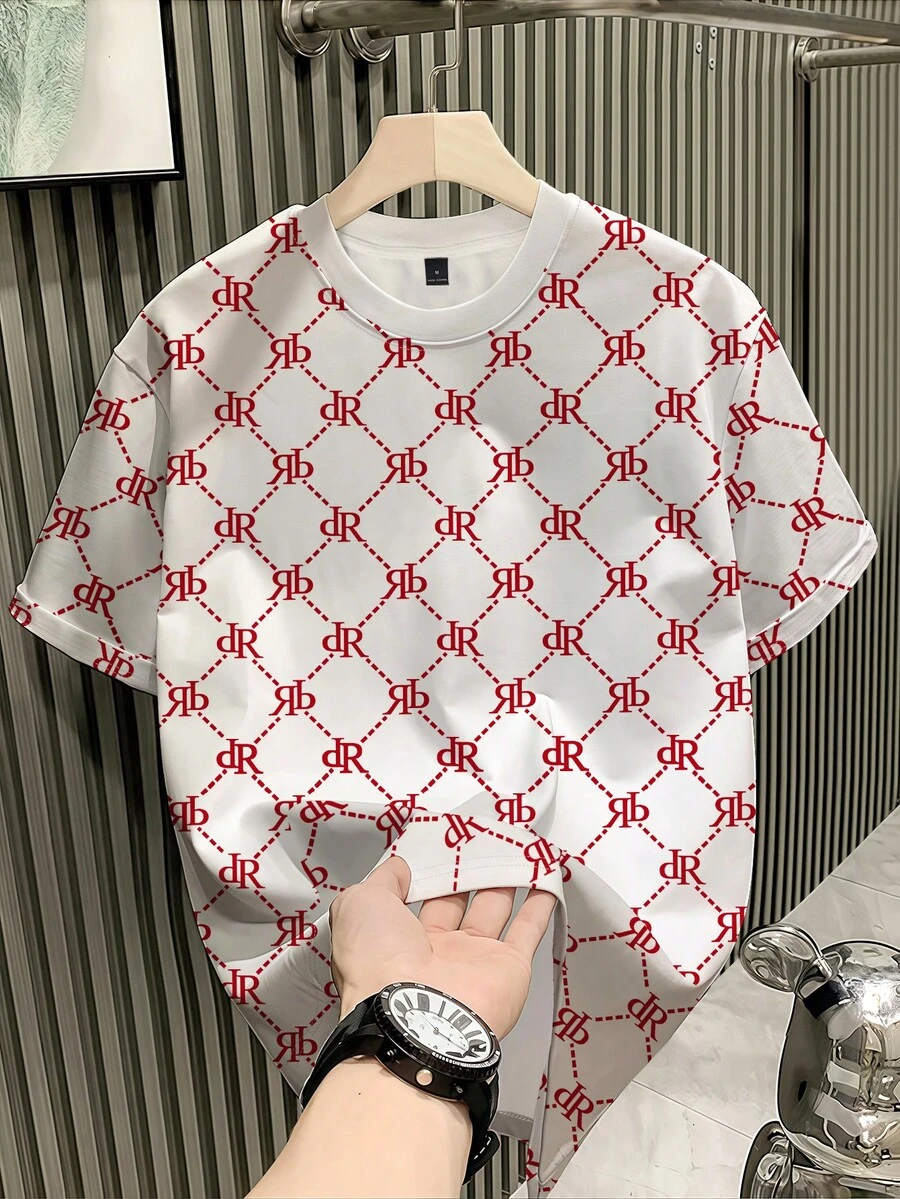 SHEIN Áo thun nam tay ngắn cổ tròn in họa tiết toàn thân, kiểu dáng thường ngày, thích hợp cho mùa hè. - trắng - Xem 1