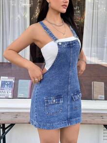 Rivivi 女士口袋时尚百搭休闲牛仔背带裙 - 深色水洗藍 - 查看 3