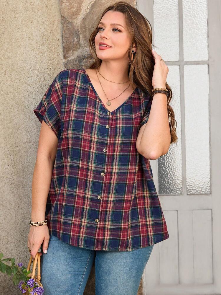 Plus Size Plaid & Graphic Print V-Neck Short Sleeve Shirt For Summer/ Vacation Plaid Top Plaid Shirts For Women Checkered Top Button Up Top Plaid Button Up, Summer Tops