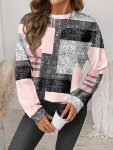 SHEIN LUNE Casual Retro Elegant Commuting Versatile Warm Black Pink Gray Glitter Print Pattern, Comfortable Cozy Loose Fit Crew Neck Long Sleeve Sweatshirt For Women, Suitable For Autumn/Winter Carnival - Multicolor - View 6