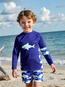 Boys Long Sleeve Rash Guard Set (4-7Y) Shark Print UPF 50+ Sun Protection Swim Trunks - Multicolor - View 3