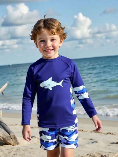 Boys Long Sleeve Rash Guard Set (4-7Y) Shark Print UPF 50+ Sun Protection Swim Trunks