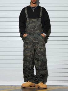 Manfinity EMRG 男士休闲多口袋胸部护具工装迷彩牛仔背带裤 - 軍綠色 - 查看 7