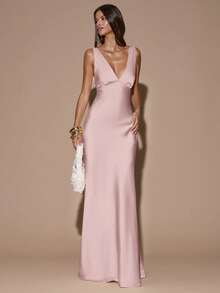 SHEIN BAE Đầm dạ hội màu vàng/kem trơn, tối giản, gợi cảm, cổ chữ V sâu, không tay, hở lưng, thắt nơ, thích hợp cho tiệc tùng, cocktail, các dịp trang trọng, phù dâu, sinh nhật, Giáng sinh, hoặc công sở. - Màu Hồng  San hô - Xem 5