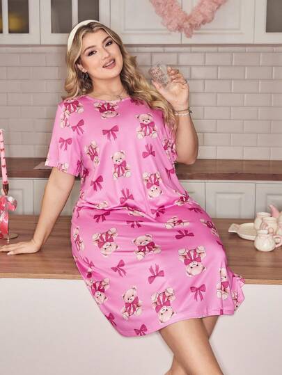 加大码蝴蝶结卡通熊印花针织长睡裙