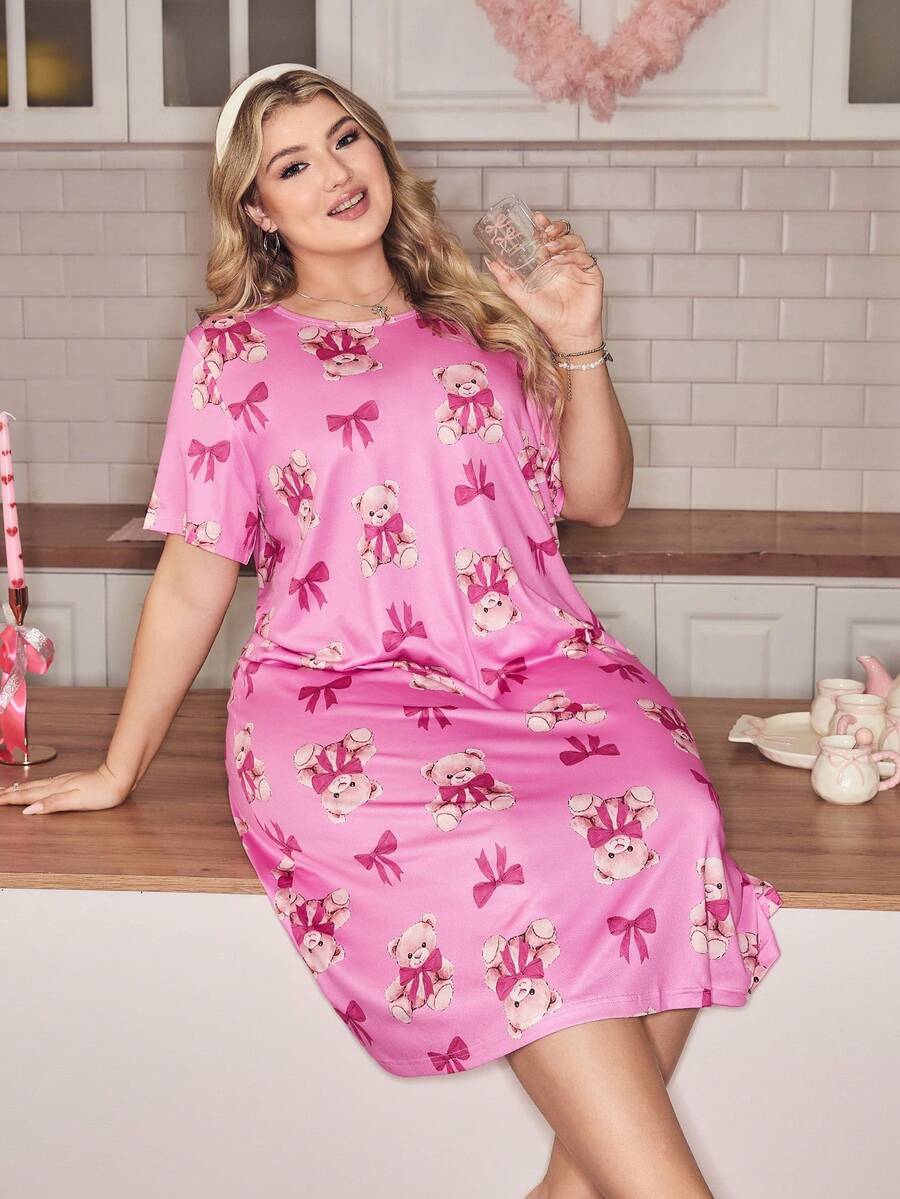 Slumberry CURVE 加大码蝴蝶结卡通熊印花针织长睡裙 - 彩色 - 查看 1