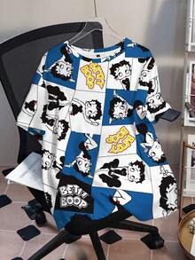 Betty Boop x SHEIN Plus Size Cartoon Figure Graphic Round Neck Short Sleeve T-Shirt - White - View 1