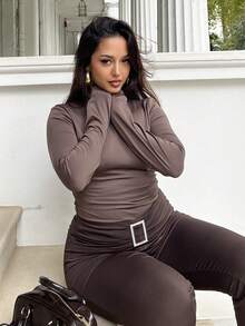 NegzBox Simple Solid Color Slim High Collar White Top Suitable For Autumn And Winter - Chocolate Brown - View 5