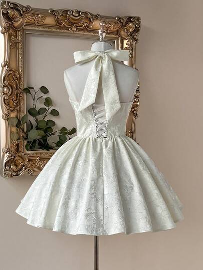 Lovelzi 优雅浪漫时尚的白色提花缎面露背深V领鱼尾A字型正式派对礼服、婚礼宾客礼服、白色长裙、单身派对礼服、舞会礼服、新娘送礼会礼服