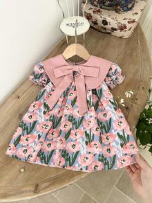 LMoss Kids LMoss   Baby Girl Woven Colorblock Peter Pan Collar Floral Puff Sleeve Casual Dress,فستان وردي,,فستان,تنوره,فساتين بنات,ملابس اطفال,Pink Dress,Baby Girls Clothes,Summer Clothes,Suitable For Everyday Life, Parties, Birthdays, And Celebrations In Spring And Summer. - Multicolor - View 3
