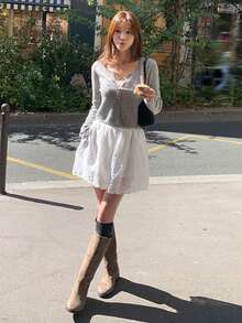 DAZY Elastic Waist Floral Embroidery Ruffle Hem Cute Short Skirt, Versatile & Slimming For Women - White - View 3