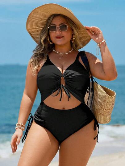 Swim Lushoire Plusstorlek Dam Enfärgad Midja Utskuren Sexig Baddräkt i Helt Stycke, Casual & Semester