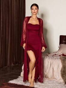 女士优雅成熟浪漫露背抽绳褶皱针织吊带裙搭配迷人蕾丝系带内衣套装，适合情人节、婚礼等场合。 - 酒紅色 - 查看 3