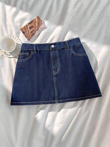 SHEIN EZwear Plus Size Casual Commuter Washed Denim Skirt Summer Clothes Spring Outfit Women Valentine Outfits For Women Beach Skirt Vacation Outfits Women Casual Skirt Denim Mini Skirt Dark Blue A Line Contrast Stitching Casual Design - Dark Wash - View 1
